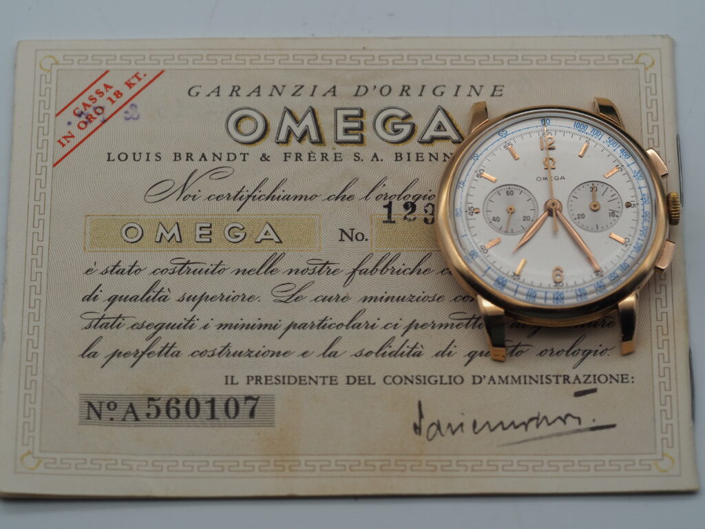 Omega Chronograph Ref. OT 2465, 750/18K Gold, Kaliber 320, Full Set aus 1954